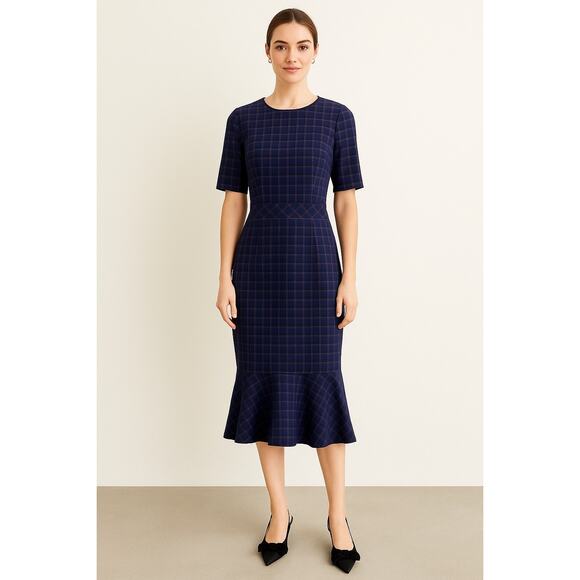 Banana Republic Navy Plaid Sheath Work Dress Ruffle Hem Elegant Office Sz 6 - Picture 1 of 11
